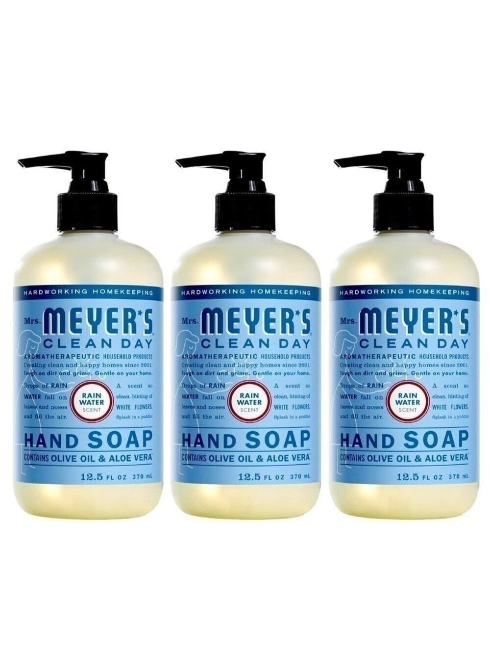 NWT MRS. MEYER'S 3 BOTTLES RAIN WATER CLEAN DAY Full Size LIQUID PUMP HAND SOAPS